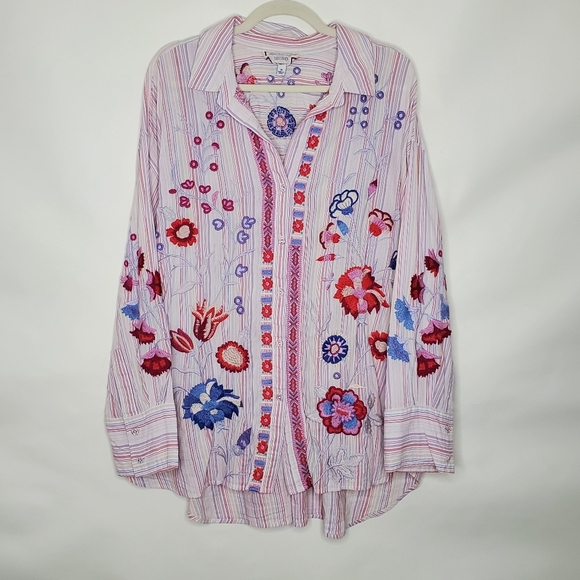 Johnny Was Piper Embroidered Striped Shirt Size 2X Relaxed Floral Button Up - Picture 15 of 15